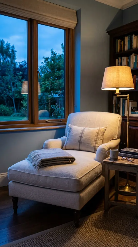 13 Chaise Lounge Reading Nook Cream Linen Window Quiet Luxury 12 12. The Chaise at Dusk — Lamp Glow and Window Blue
