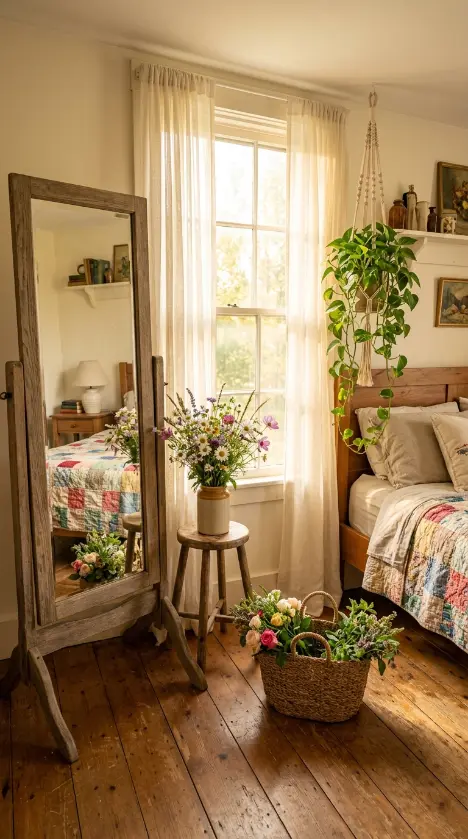 12 Floor Mirror Bedroom Cottagecore Wooden Morning Light 12 12. The Complete Cottagecore Morning — Mirror Light and Garden Flowers Throughout