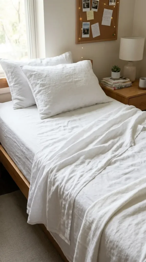 24 Dorm Bedding Ideas Clean White Minimal Luxe Hotel Style 12 12. The Linen Sheet Alternative for Breathable Texture — Relaxed Luxury Option