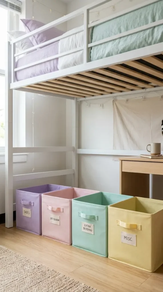 24 College Bedroom Ideas Pastel Girly Aesthetic Dreamy Style 12 12. The Under-Bed Storage Bin System in Coordinating Pastels — Hidden Organization