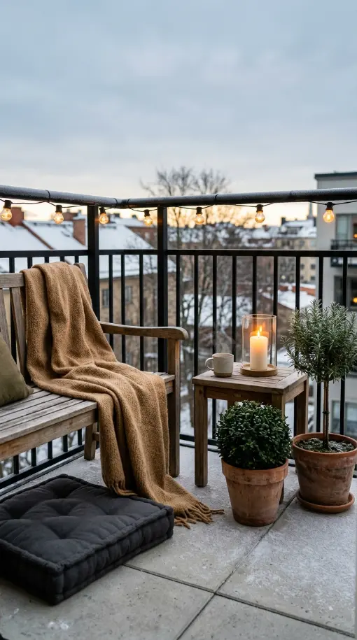 16 Minimal Outdoor Living Space Design for a Small Balcony 12 12. The Winter Minimal Balcony — Evergreens and Warm Textiles