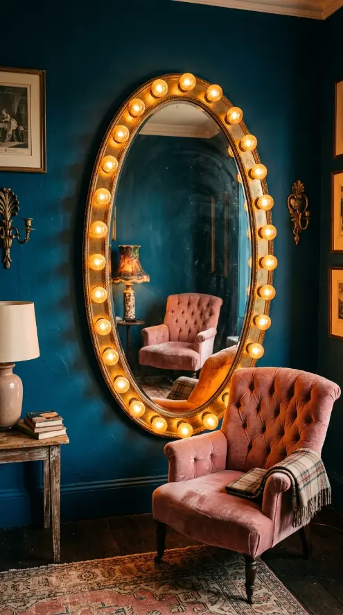 19 Comfy Reading Chair Vintage Pink Velvet Bedroom Maximalist 12 12. Vanity Mirror With Bulb Lights Behind the Pink Chair