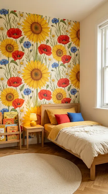 15 Vibrant Floral Wallpaper Accent Wall Room Decor 12 12. Vibrant Sunflower and Poppy Floral Accent Wall in the Childrens Bedroom
