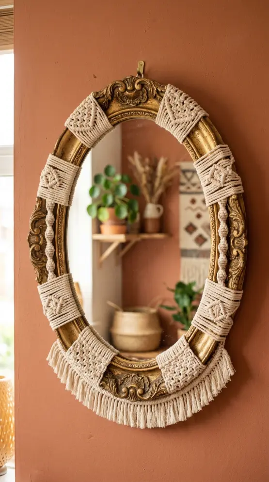 13 Decorated Mirror Boho Macrame DIY Bedroom Earthy Wall 12 12. Vintage Mirror Upcycled With DIY Macrame Frame Addition