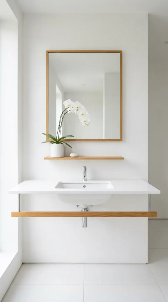 28 Minimal Bathroom Plants Decor Inspiration Oak White Style 12 12. White Bathroom with Oak Frame Details and Orchid