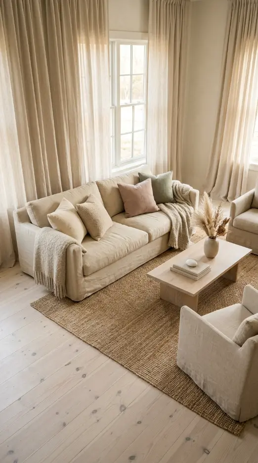 27 Light Wood Flooring for Farmhouse Whitewashed Pine Style 12 12. Whitewashed Pine with Natural Linen Soft Furnishings — Textile Harmony