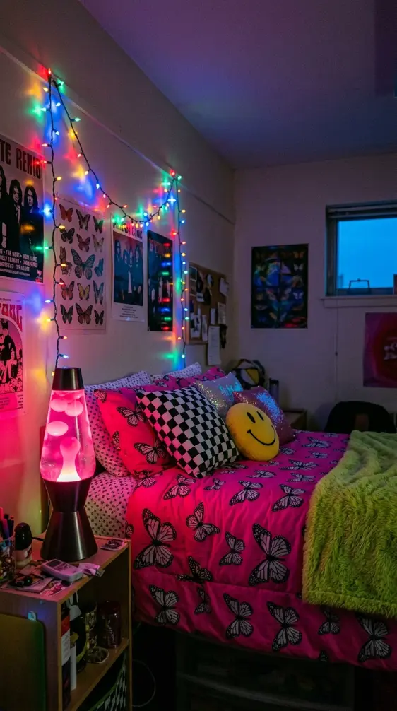13 Dorm Bed Inspo Y2K Retro Colorful Bold Twin XL Style 12 12. Y2K Bed Paired With a Lava Lamp and Colorful String Lights