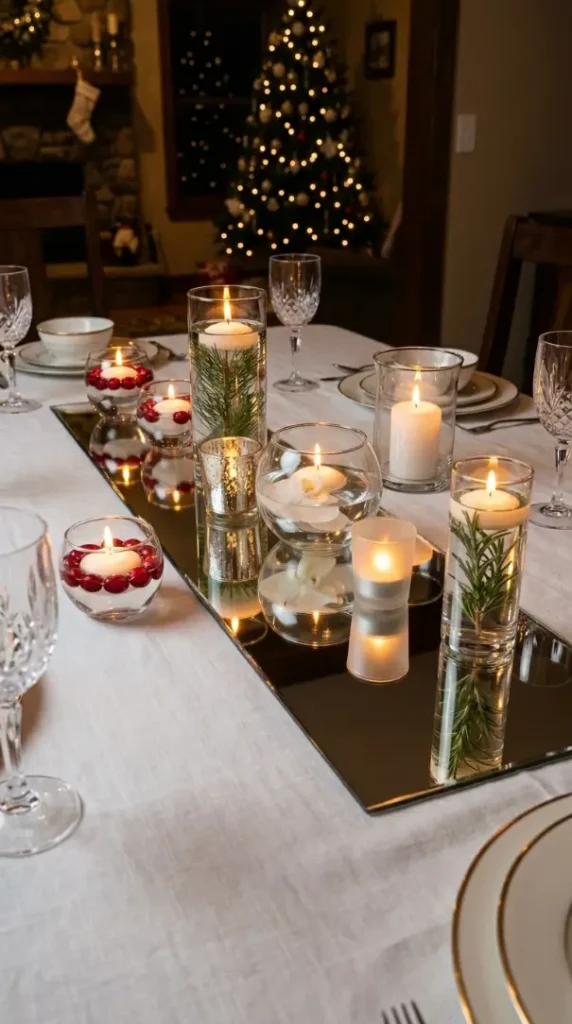 13 Festive Table Decorations Candles Floating Glass Ethereal 13 13. A Mirror Table Runner With Multiple Floating Candle Vessels Arranged Along Its Length