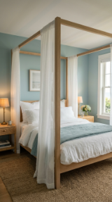 17 Bedroom Aesthetic Coastal Grandmother Sea Glass Blue 13 13. A Natural Timber Canopy or Four Poster Bed Frame With Linen Drapes