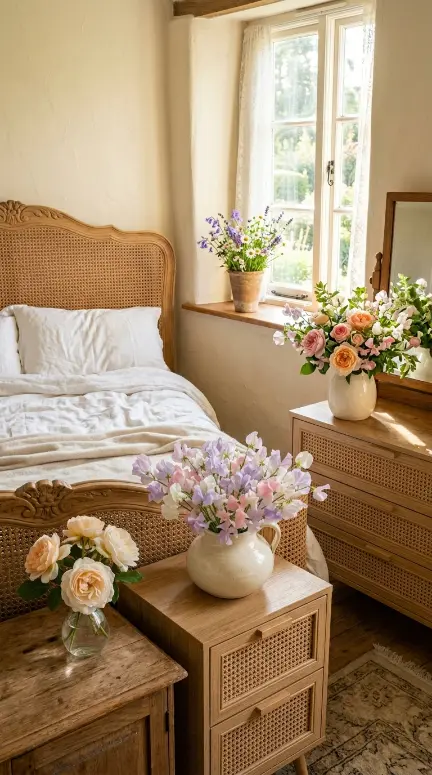 14 Vintage Bedroom Ideas Cane Rattan European Elegant 13 13. Add Fresh Flowers at Every Surface for European Domestic Abundance