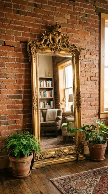 22 Full Length Mirror Living Room Baroque Gold Dramatic 13 13. Against Exposed Brick for Industrial Baroque Contrast