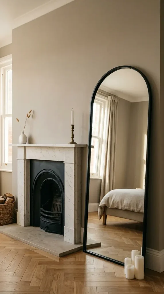 14 Big Mirror in Bedroom Leaning Arch Black Frame Greige 13 13. Arch Mirror Leaned Against a Bedroom Fireplace Chimney Breast
