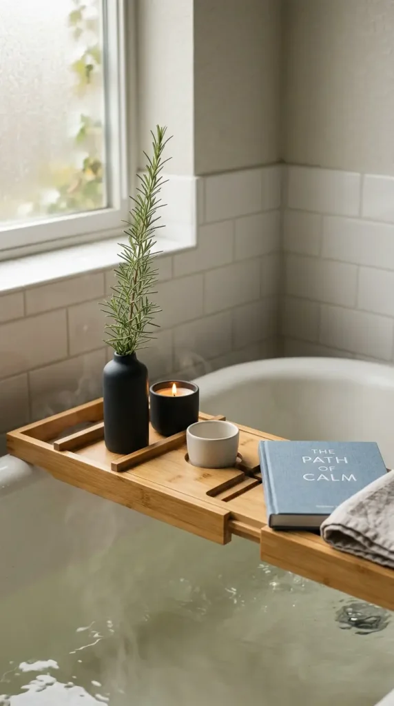 16 Rustic Bathtub Tray Ideas for a Spa Style Bamboo Tub 13 13. Bamboo Tray With a Small Bud Vase and Single Stem