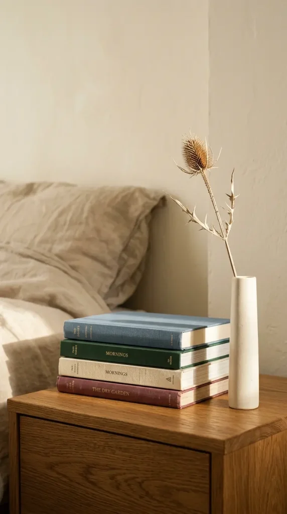 16 Minimalist Luxury Bedroom Quiet Luxury Linen Neutral Warm 13 13. Bedside with Stack of Four Books and Single Dried Stem