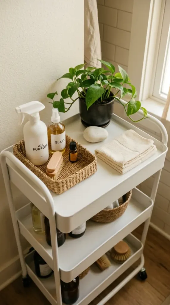 27 Cleaning Closet Organization Tiered Rolling Cart Ideas 13 13. Cart Top as Styling Surface — The Beautiful Top Tier