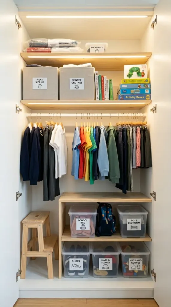 25 Small Storage Closet Organization Tiny Apartment Ideas 13 13. Children's Closet in a Tiny Apartment — Low and Accessible