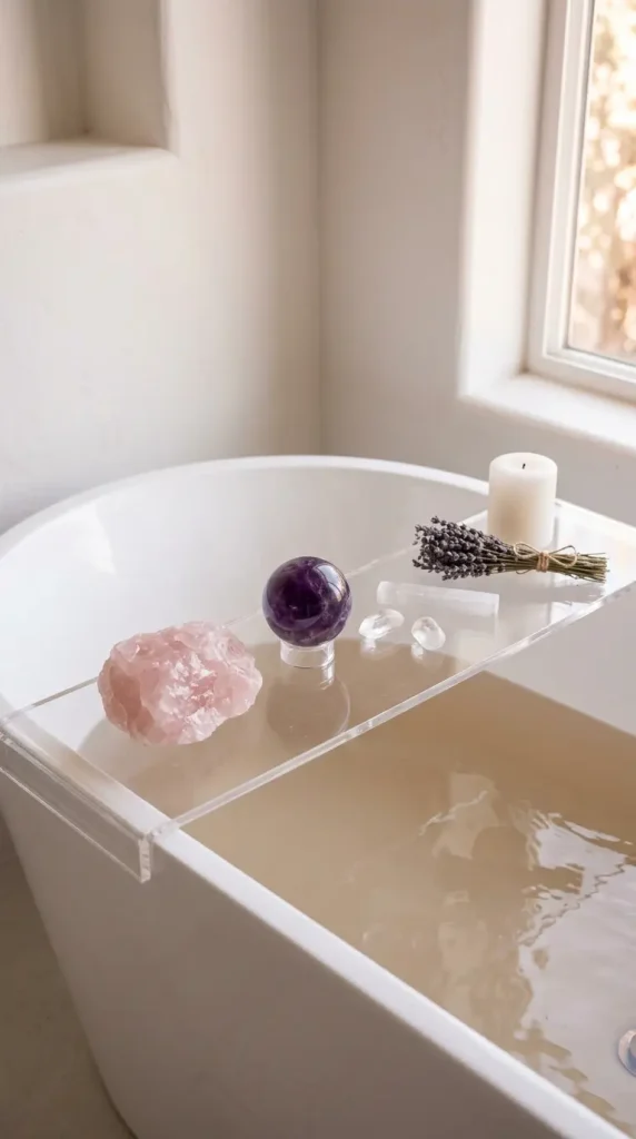 20 Bathtub Tray Clear Acrylic Modern Minimal Floating Look 13 13. Clear Acrylic Tray With Rose Quartz and Crystal Objects