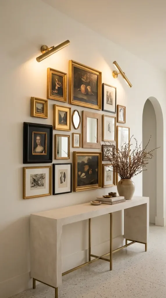 18 Console Table Decor Maximalist Gallery Wall Picture Lights 13 13. Console with Curved or Arched Gallery Wall Arrangement