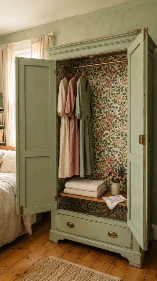 32 Cute Room Ideas for a Dreamy Cottagecore Bedroom 13 13. Cottagecore Wardrobe — Painted Vintage Armoire with Floral Interior