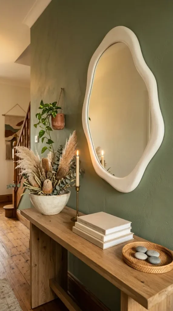 14 Hallway Mirror Ideas Organic Puddle Mirror Console 13 13. Create a Puddle Mirror and Console Composition for a Maximalist Entryway