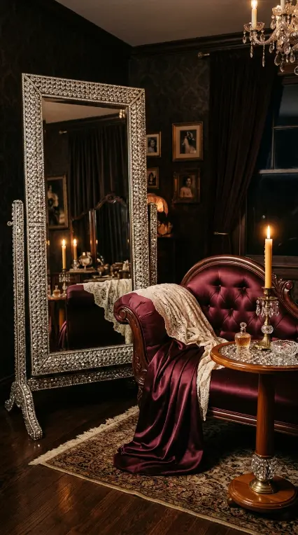 16 Bedazzled Mirror Vanity Crystal Old Hollywood Glam Decor 13 13. Crystal Mirror Beside a Fainting Couch Draped in Satin