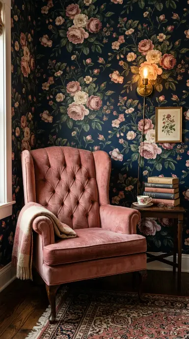 19 Comfy Reading Chair Vintage Pink Velvet Bedroom Maximalist 13 13. Dark Floral Wallpaper as the Chairs Background