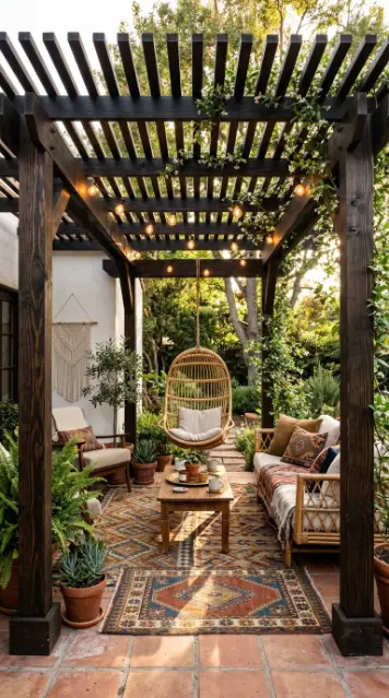 28 Outdoor Patio Ideas for a Boho Layered Living Room 13 13. Dark Timber Pergola as the Boho Patio Structural Frame