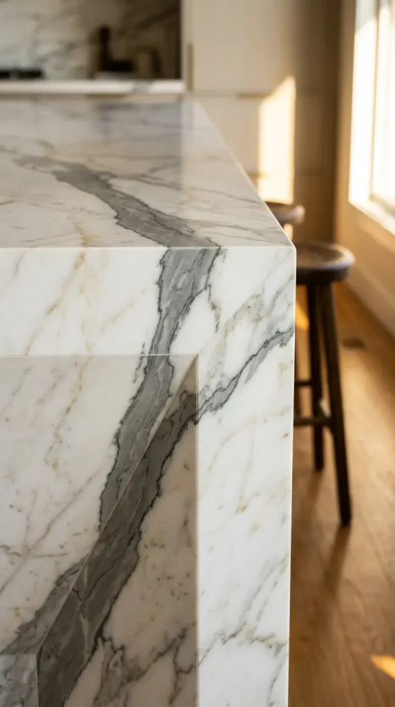 16 Minimalist Luxury Kitchen Sculptural Island Calacatta Stone Brass 13 13. Dramatic Calacatta Vein Running Through the Island Edge