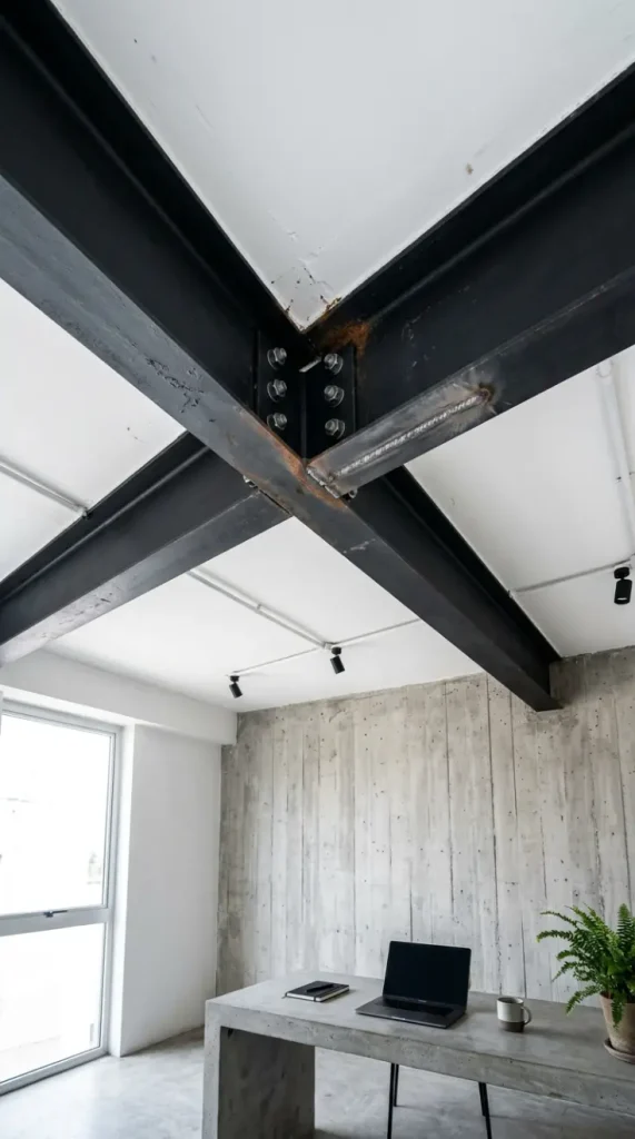 24 Home Office Inspiration Modern Minimal Concrete Steel 13 13. Exposed Structural Steel Ceiling Beams Left Unclad