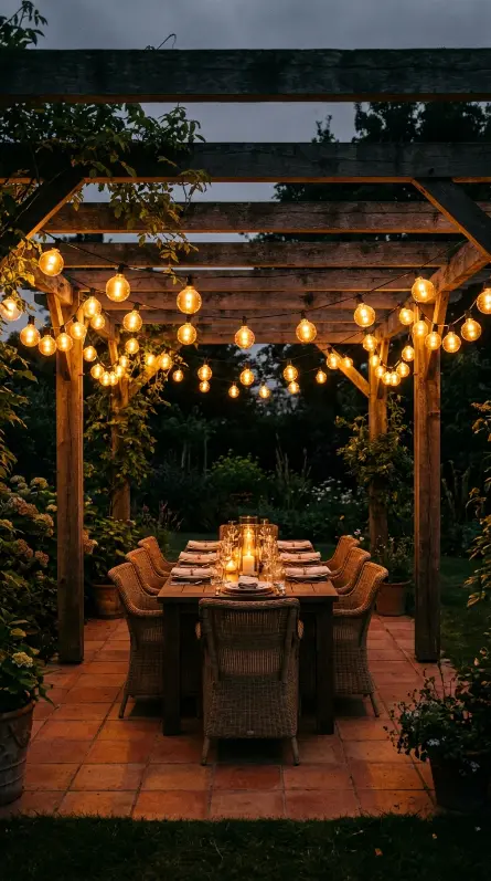 26 Outdoor Patio Ideas With a Cozy Pergola Dining Setup 13 13. Festoon Lights on the Pergola Perimeter for Evening Ambiance