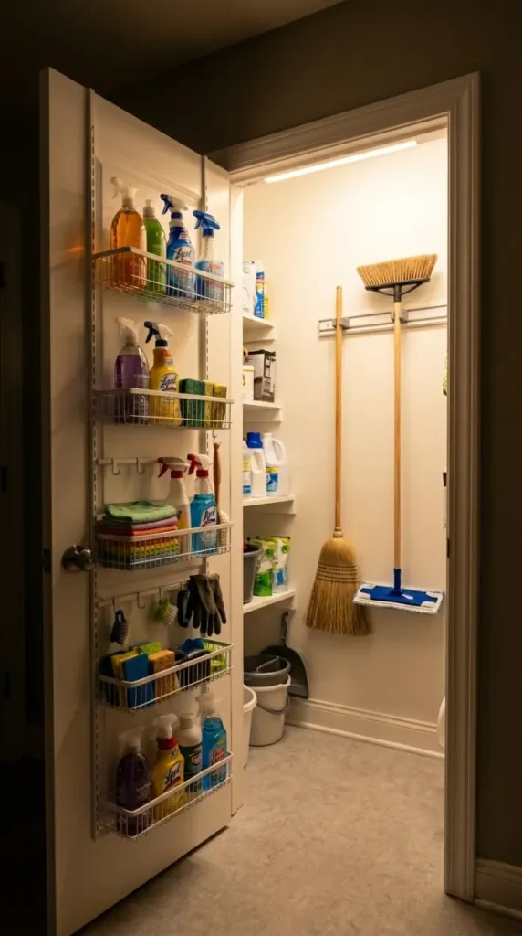 13 Cleaning Closet Organization Door-Mounted Caddy System 13 13. Light the Interior With a Motion-Activated LED Strip at the Door Frame Top
