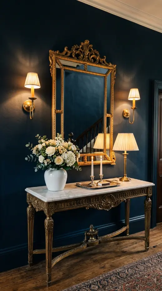 26 Entryway Console Table Ideas Traditional Marble Top 13 13. Marble Top Console With Dark Painted Wall and Sconces