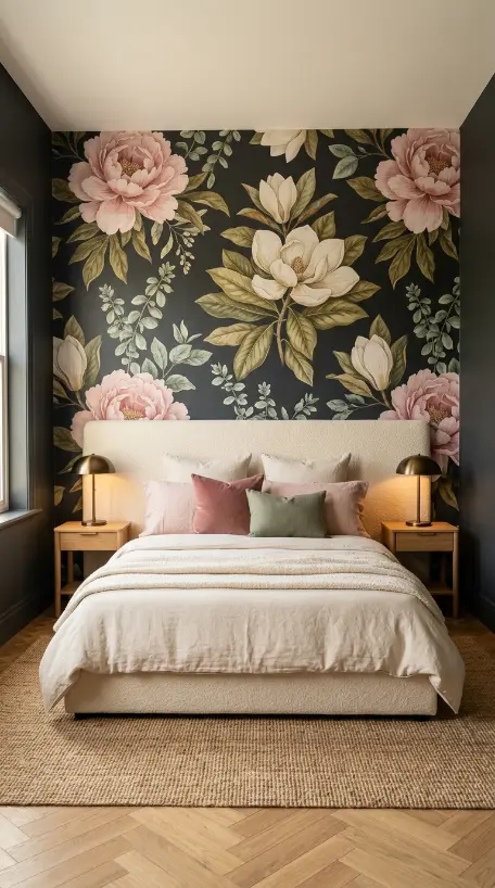 15 Vibrant Floral Wallpaper Accent Wall Room Decor 13 13. Maximalist Peony and Magnolia Floral Accent Wall in the Primary Bedroom — Blush and Sage on Charcoal