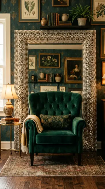 20 Bedazzled Mirror Disco Ball Living Room Maximalist Wall 13 13. Mirror Wall Bedazzled With Rhinestones Framing a Velvet Reading Chair