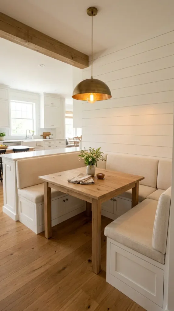 30 Modern Farmhouse Interior Design Seamless Floor Open Plan 13 13. Modern Farmhouse Breakfast Nook in the Open Plan