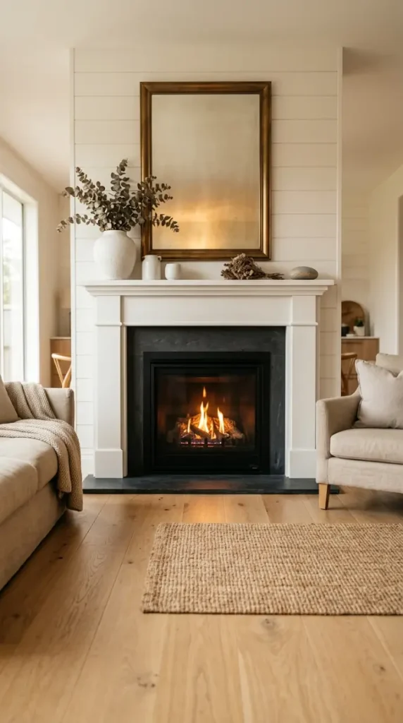 16 Modern Farmhouse Interior Design Seamless White Oak Floor 13 13. Modern Farmhouse Fireplace With White Oak Floor