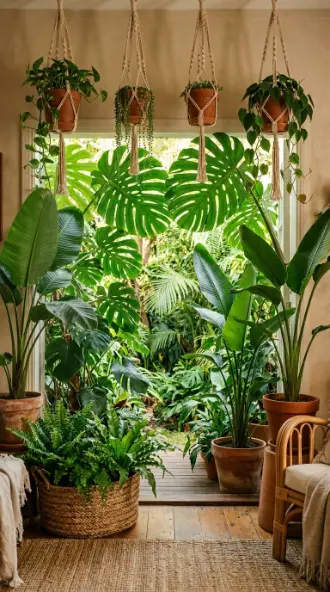17 Indoor Outdoor Living Boho Macramé Jungle Garden View 13 13. Monstera and Banana Palm Indoor Jungle Wall at Opening