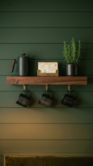 13 DIY Breakfast Nook Dark Green Shiplap Moody Corner 13 13. Mount a Narrow Floating Shelf Above the Bench for Mugs and Morning Objects