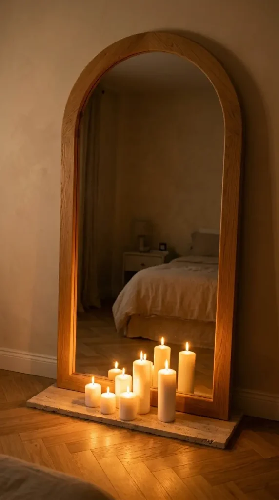 17 Big Mirror in Bedroom Oversized Oak Arch Warm Neutral 13 13. Oak Arch Mirror Reflecting Candlelight in the Evening Bedroom