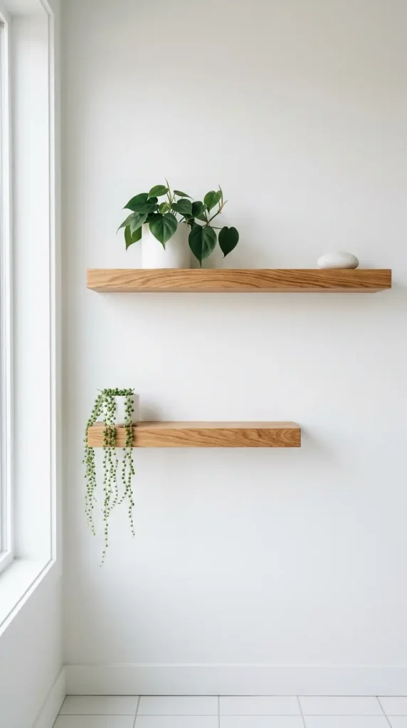 28 Minimal Bathroom Plants Decor Inspiration Oak White Style 13 13. Oak Floating Shelf System — Bathroom Plant Gallery