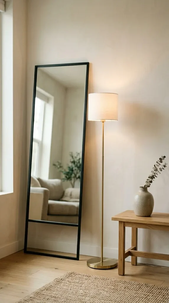 25 Full Length Mirror Living Room Slim Black Frame Minimal 13 13. Paired With a Minimal Floor Lamp and Low Side Table