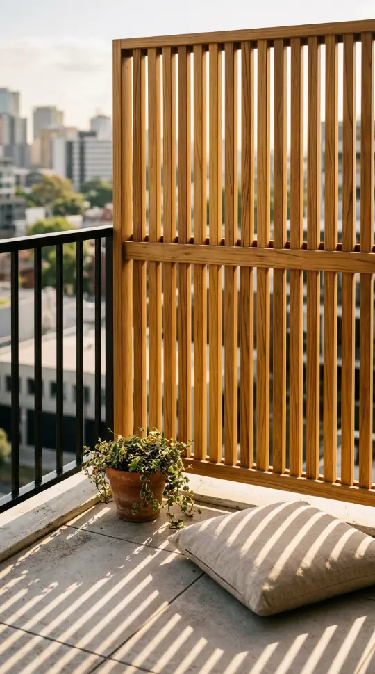 16 Minimal Outdoor Living Space Design for a Small Balcony 13 13. Privacy Screen as Minimal Architectural Element