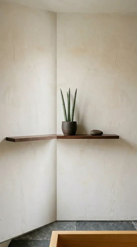 30 Bathroom Plants Decor Japandi Minimal Hinoki Tub Style 13 13. Raw Plaster Walls with a Single Botanical Shelf