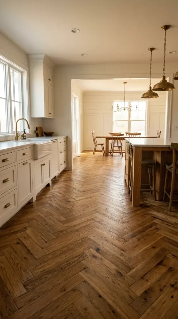 25 Kitchen Flooring Ideas for Farmhouse Herringbone Reclaimed 13 13. Reclaimed Herringbone Continuing into Adjacent Dining Zone