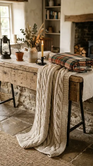 26 Console Table Styling Reclaimed Wood Rustic Farmhouse 13 13. Reclaimed Wood Console With a Chunky Knit Throw and Plaid Blanket