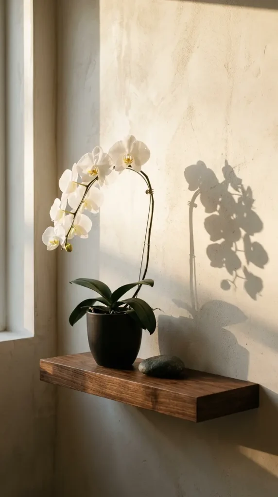 26 Bathroom Shelf Plants Decor Japandi Orchid Minimal 13 13. Shelf Orchid in Late Afternoon Raking Light