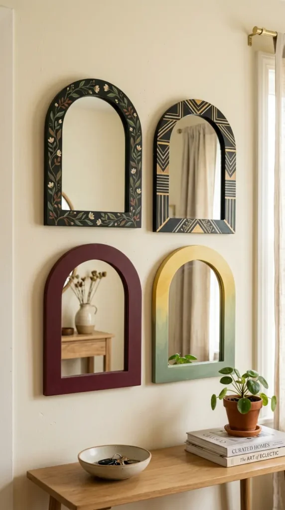15 Decorated Mirror Hand Painted Arch Entryway Eclectic Wall 13 13. Small Collection of Hand Painted Arch Mirrors in a Gallery Arrangement