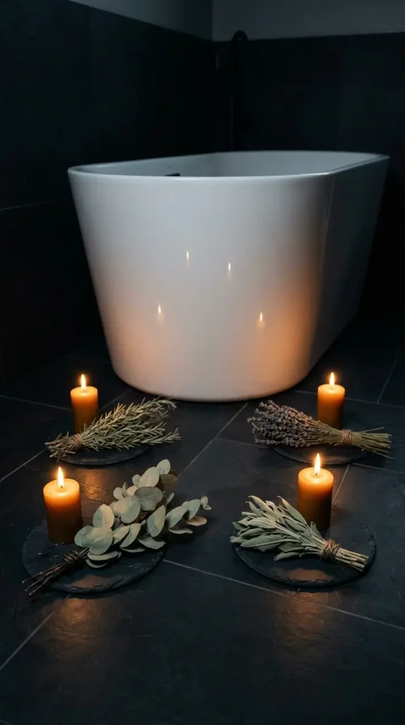 15 Bath Tub Decor Ideas Dark Moody Candlelit Night Soak 13 13. Style a Dark Moody Night Soak With Dried Botanical Bundles Around the Tub 1