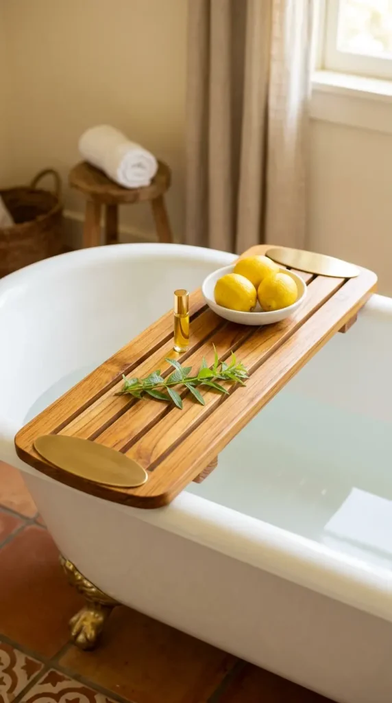 18 Bathtub Caddy Vintage Clawfoot Rustic Wood Floral Brass 13 13. Teak Slat Clawfoot Caddy With Brass Fittings and Citrus Grove Styling