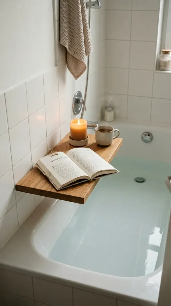 25 Bathtub Tray Ideas Reading Book Lover Cozy Style 13 13. The Bath Caddy Shelf Alternative — No Tray, Wall-Mounted Solution